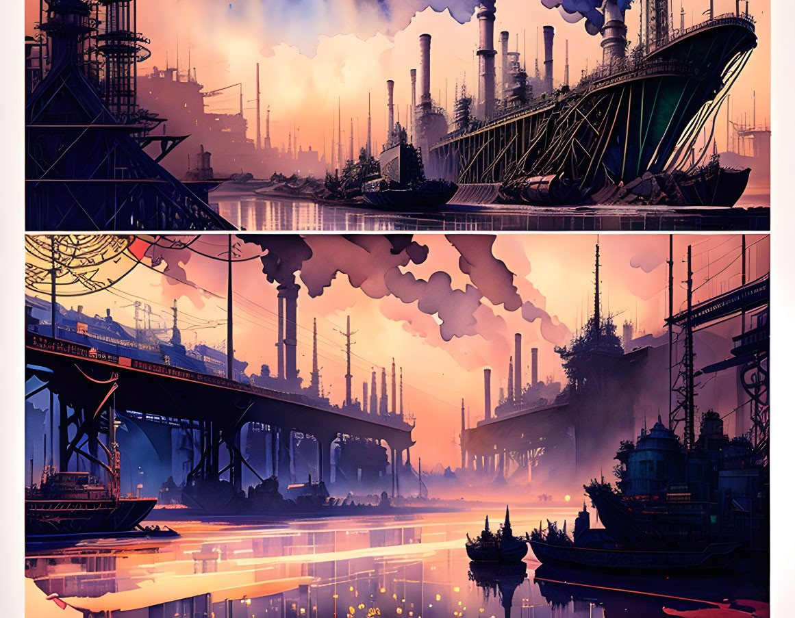 Futuristic industrial landscape with airship and water reflections