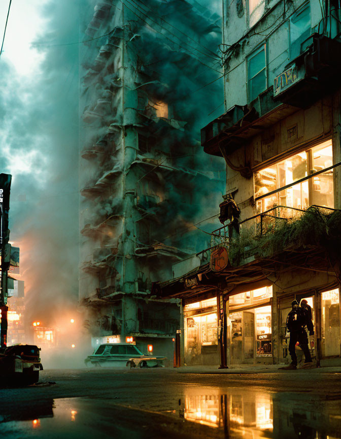 Dystopian night street scene with mist, neon signs, gas mask figure, dilapidated buildings