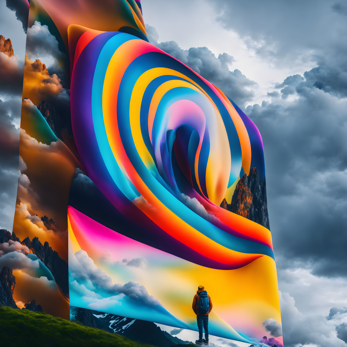 Person standing before surreal rainbow vortex and mountains