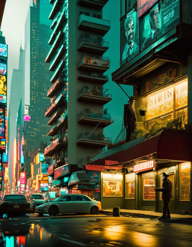 Neon-lit urban street at dusk with billboards, theater marquee, and parked cars