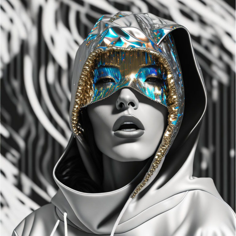 Monochrome image of person in glossy mask and hood with blue and gold hues