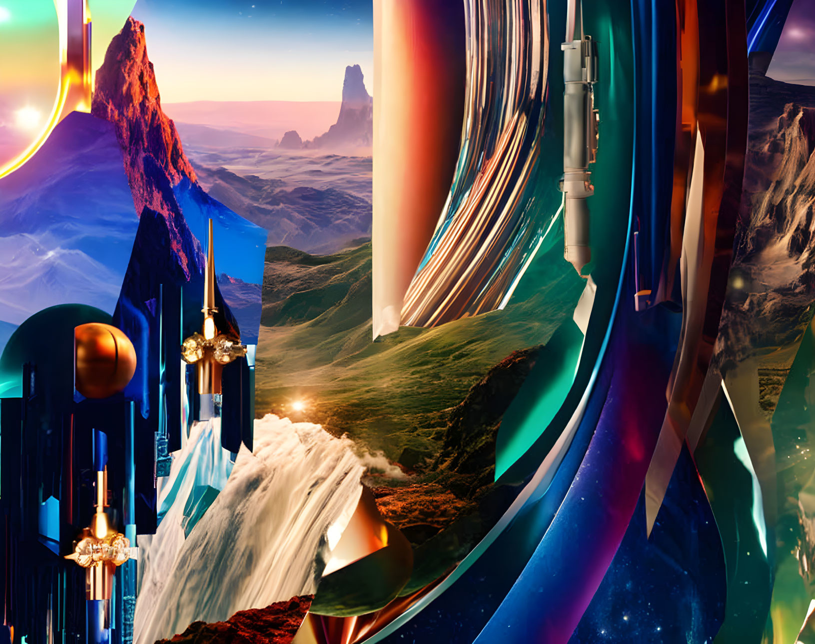 Surreal digital collage of vivid mountains and futuristic structures