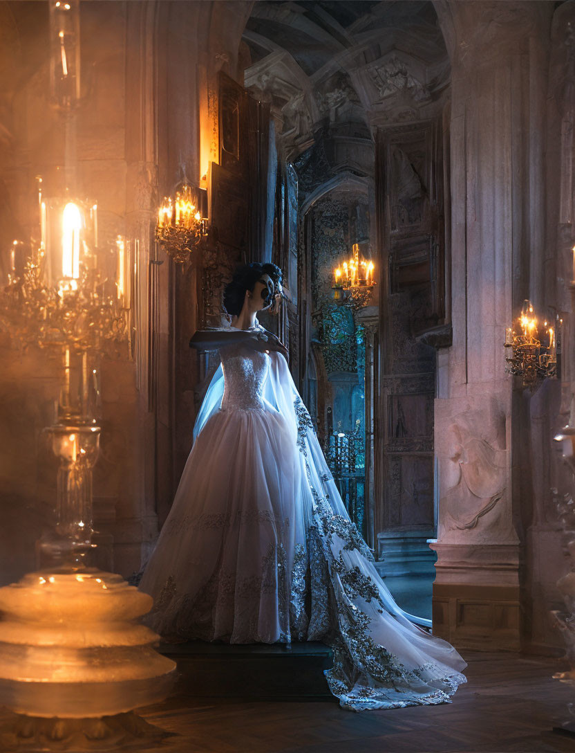 Elegant woman in white dress in grand candlelit room