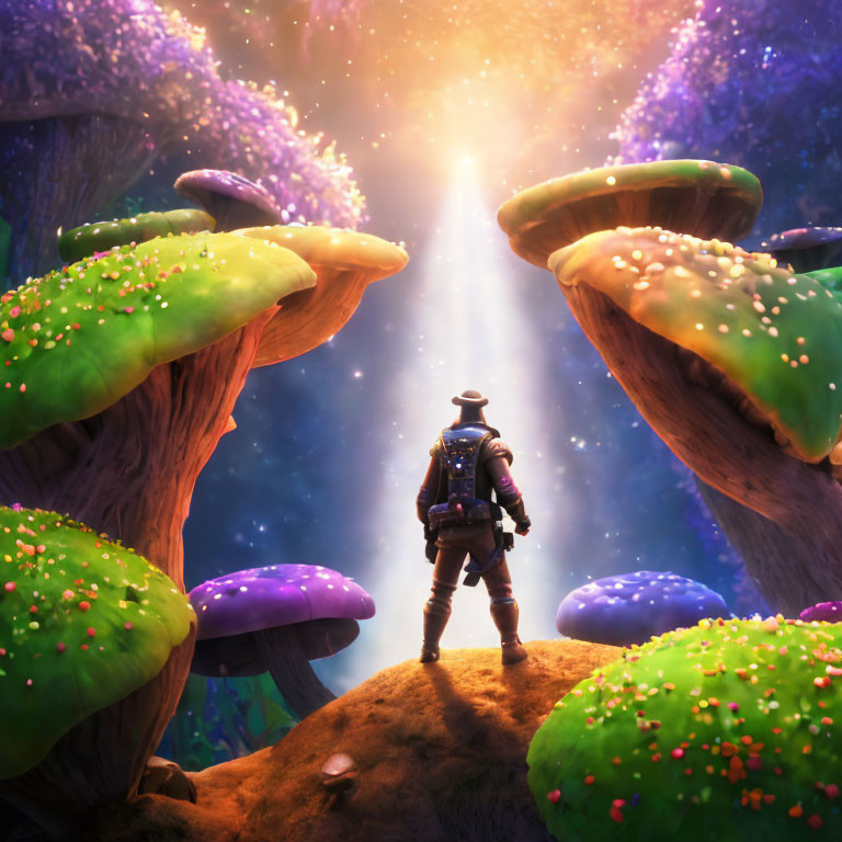 Explorer in Enchanting Forest with Giant Colorful Mushrooms