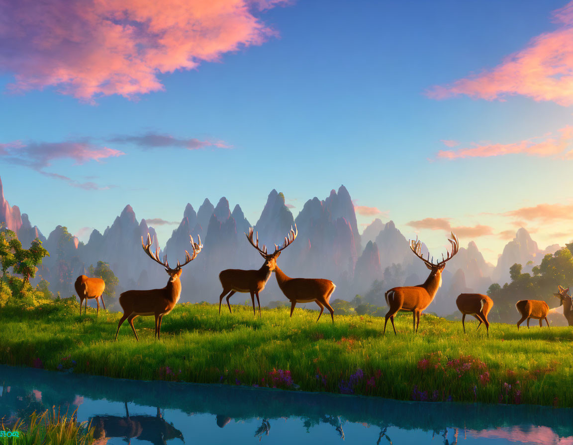 Tranquil sunrise landscape with deer by a serene lake