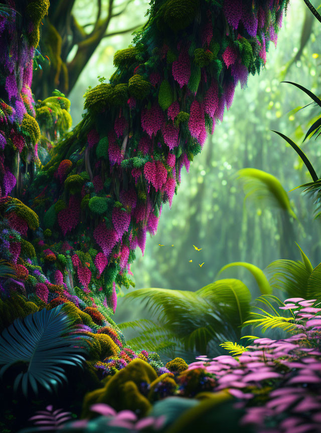 Colorful jungle scene with lush greenery, pink flora, fireflies, and misty background