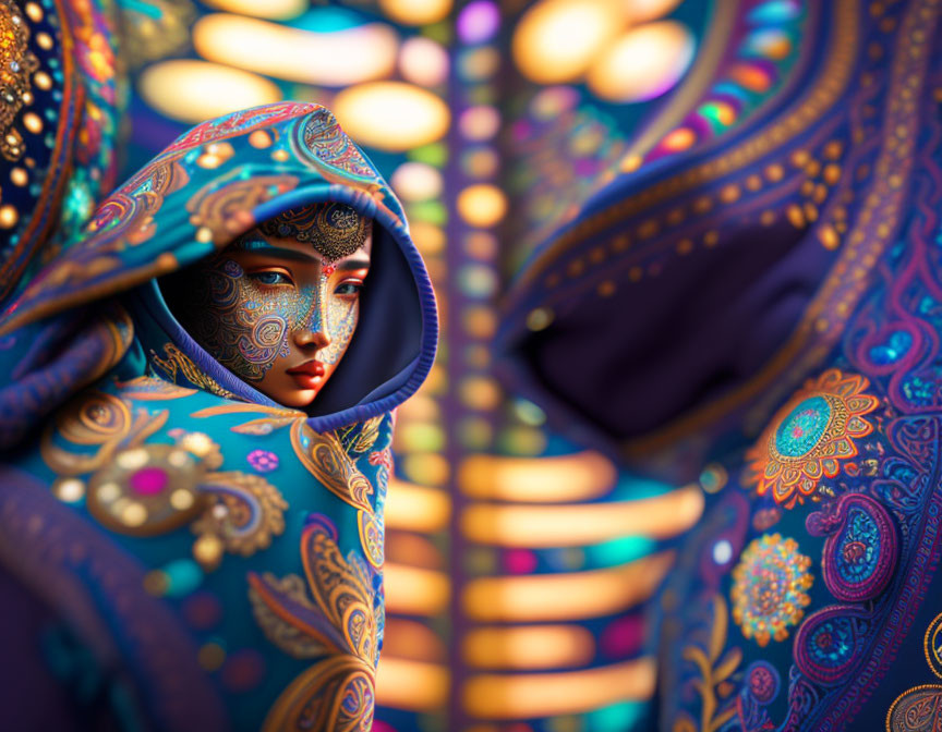 Vibrant patterned robe with hood and painted face against glowing bokeh lights