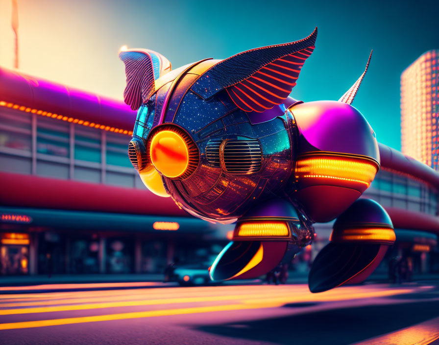 Futuristic fish-shaped vehicle with wings and jet propulsion in neon-lit cityscape