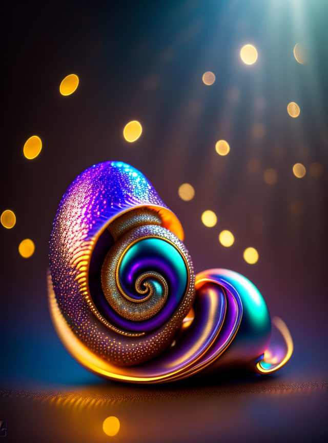 Colorful iridescent snail on dark background with glowing lights