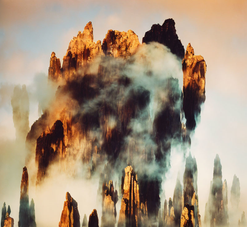 Majestic mountain peaks above swirling mist and golden sky