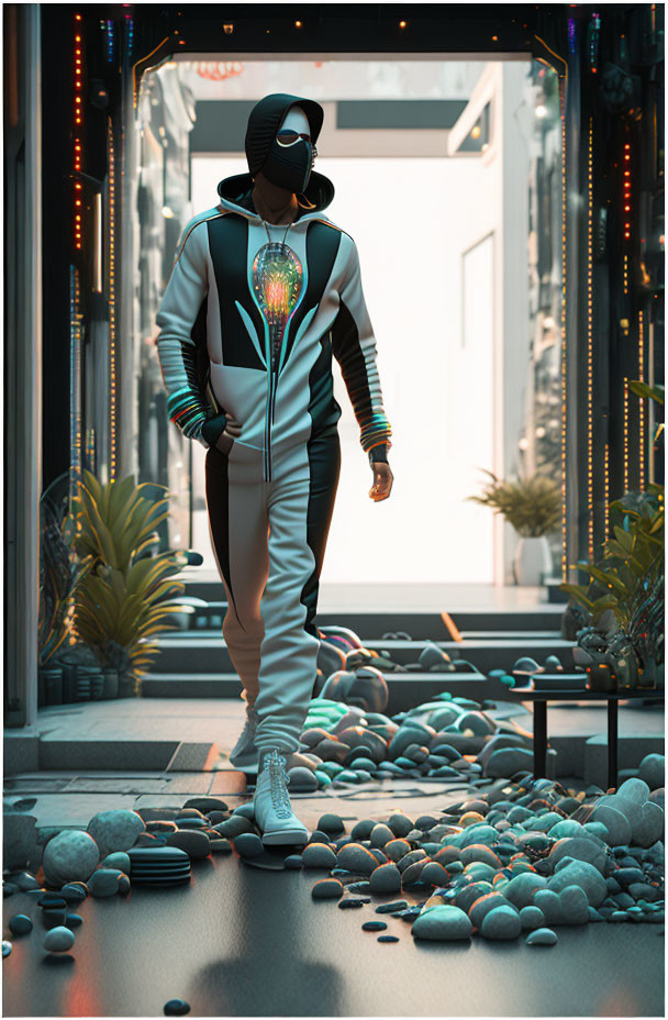 Futuristic figure in white hoodie with blue accents in illuminated doorway.