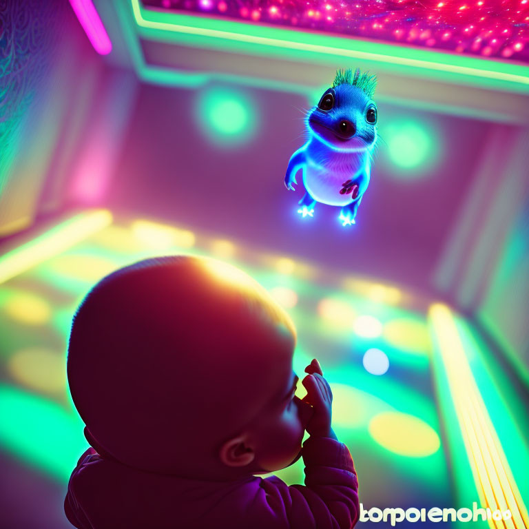 Child observing glowing levitating creature in neon-lit room