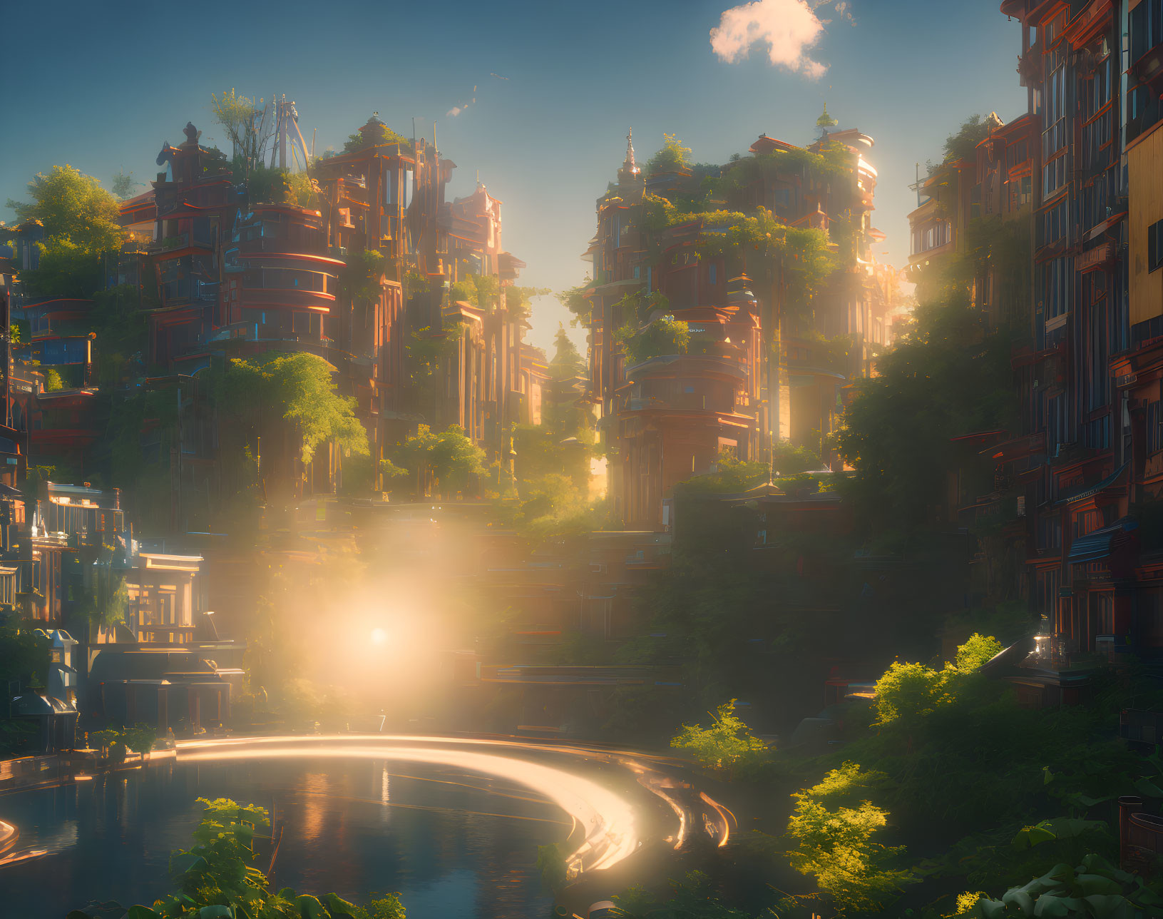 Futuristic cityscape with lush greenery and sunrise reflection