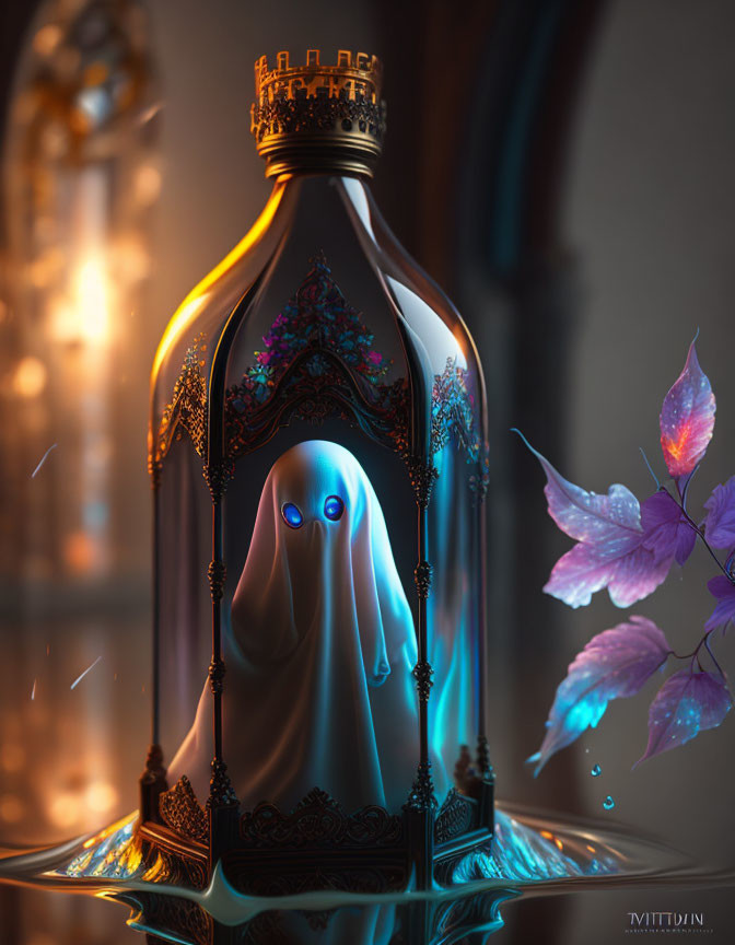 Enchanting ghostly figure in ornate bottle with luminescent leaves