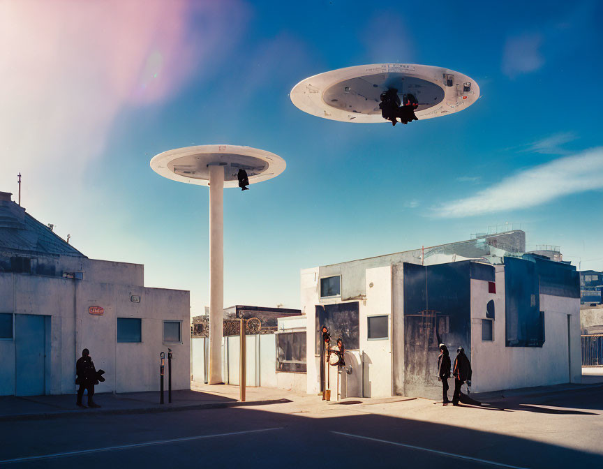 Futuristic city scene with hovering disc-shaped structure and pedestrians