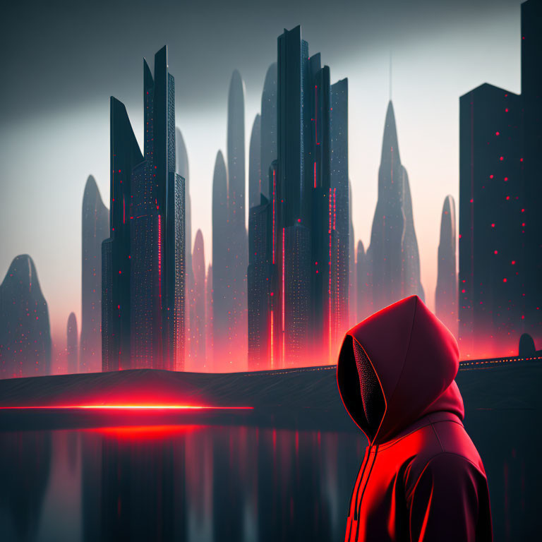 Red Hoodie Figure Observing Futuristic Cityscape at Dusk