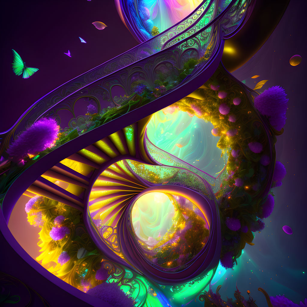 Colorful digital art: swirling staircase with glowing flora and floating butterflies