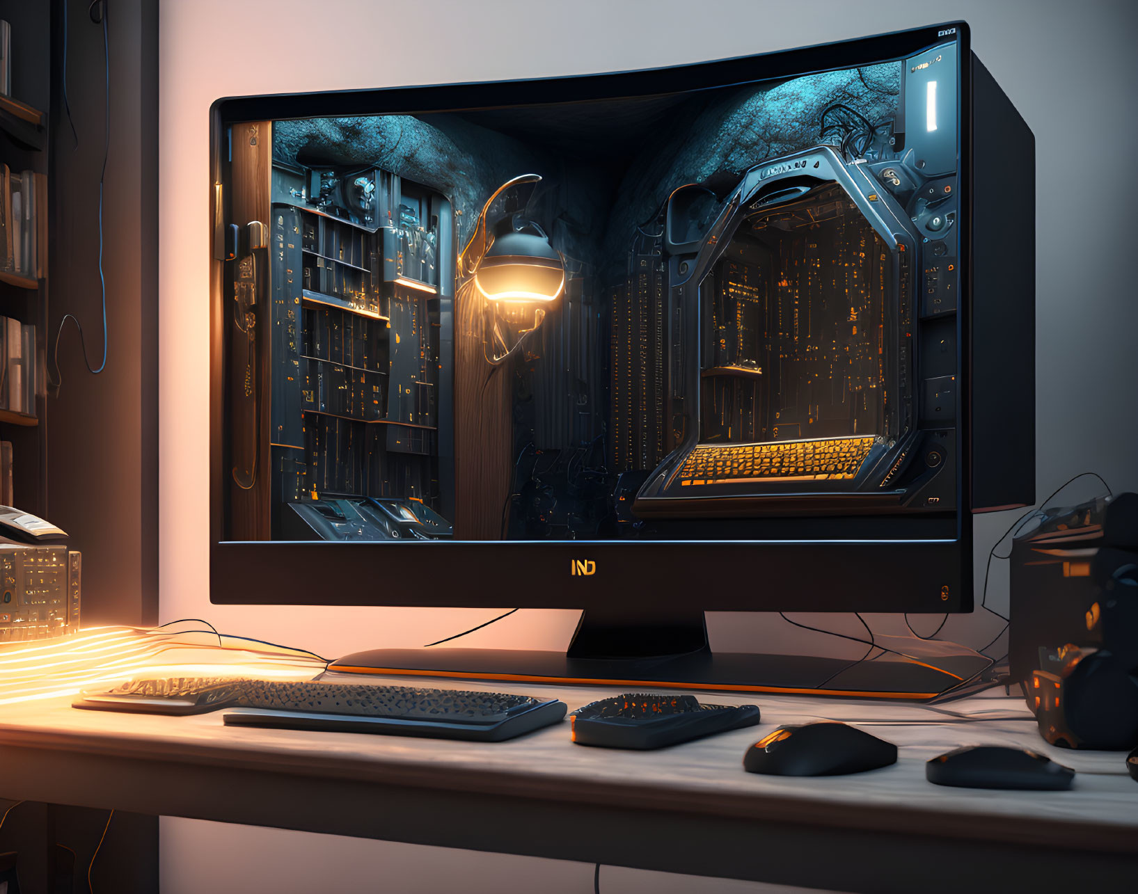 Desktop Setup with 3D-Rendered Mystical Library Scene