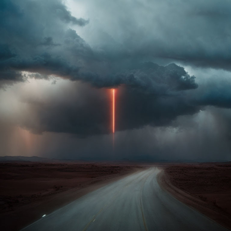 Dark Cloud Over Road with Striking Red Light Beam in Stormy Sky