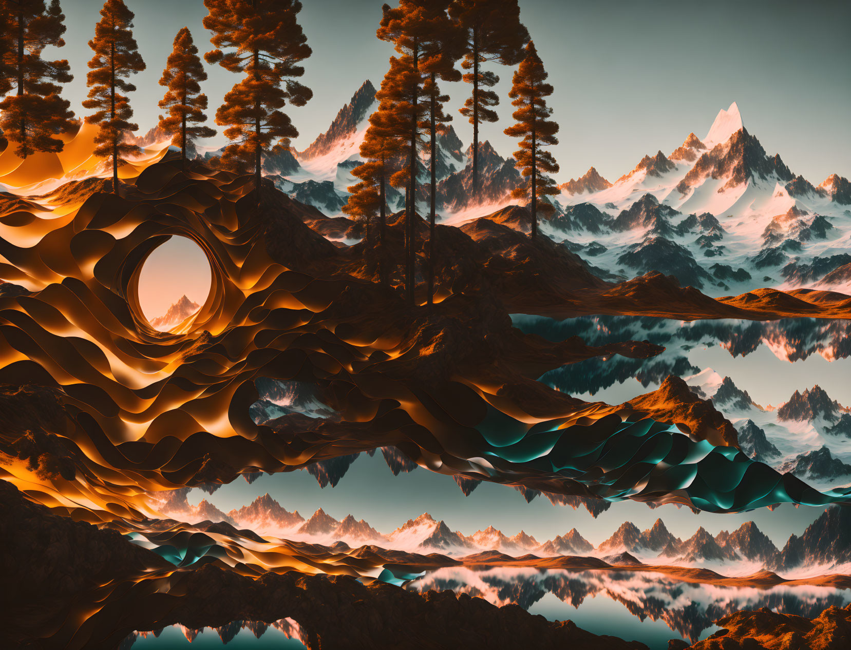 Surreal landscape: wavy terrains, pine trees, jagged mountains, still water,