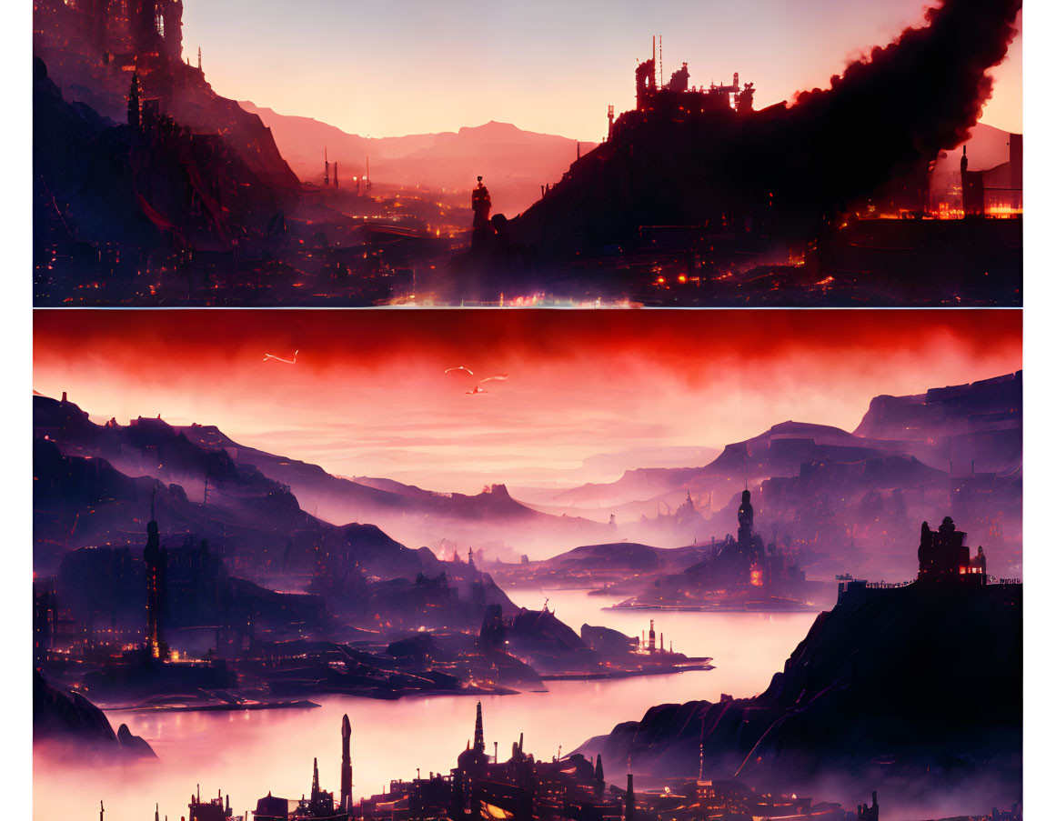 Dystopian landscape with industrial structures, pollution, water body, red sky, and flying crafts