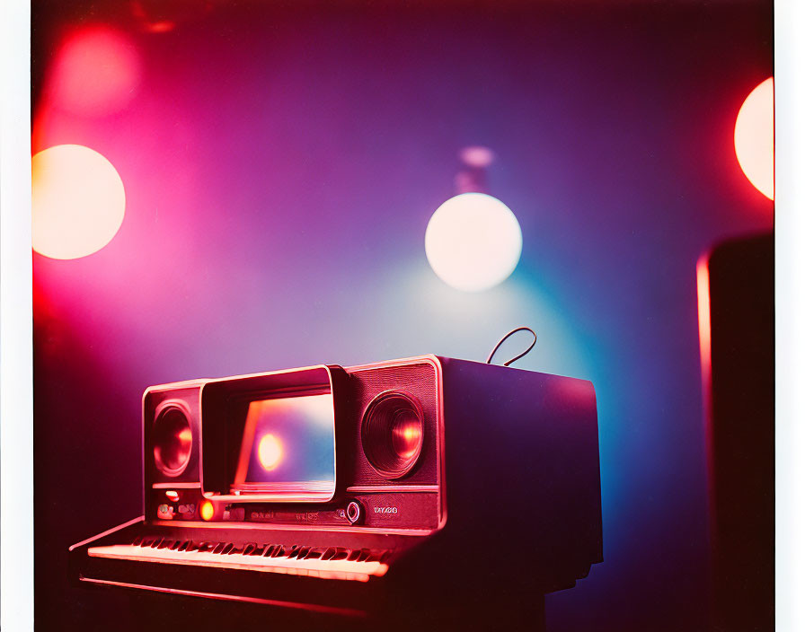 Vintage radio with colorful ambient lighting and blurred orbs for a retro vibe