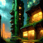 Dystopian night street scene with mist, neon signs, gas mask figure, dilapidated buildings