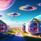 Futuristic city scene with hovering disc-shaped structure and pedestrians