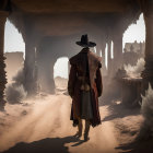 Cowboy hat figure at grand rock formation overlooking desert canyon