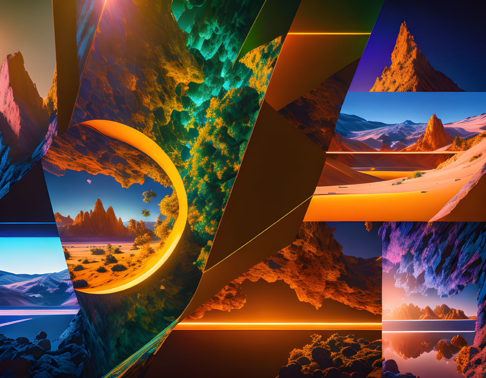 Surreal digital collage of vibrant landscapes with mountains and crescent moon