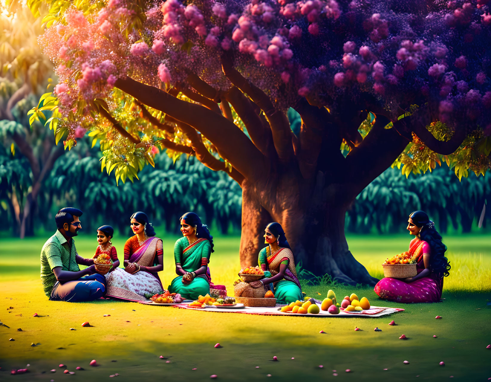 Family picnic under blooming tree in lush park setting