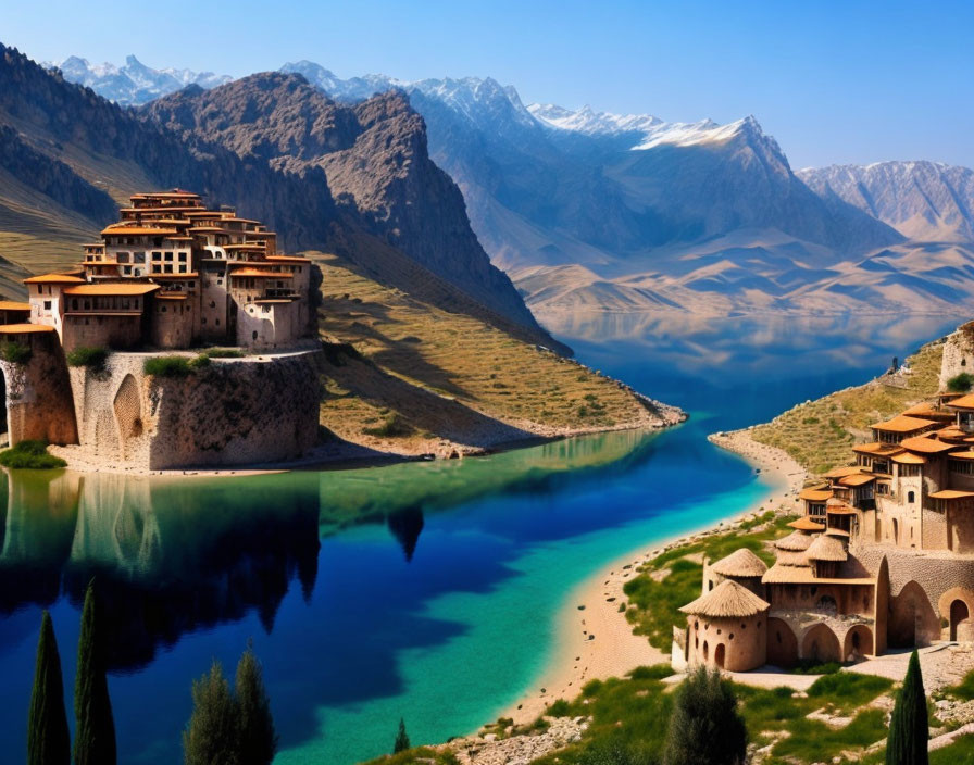 Scenic mountain landscape with blue lake and stone buildings.