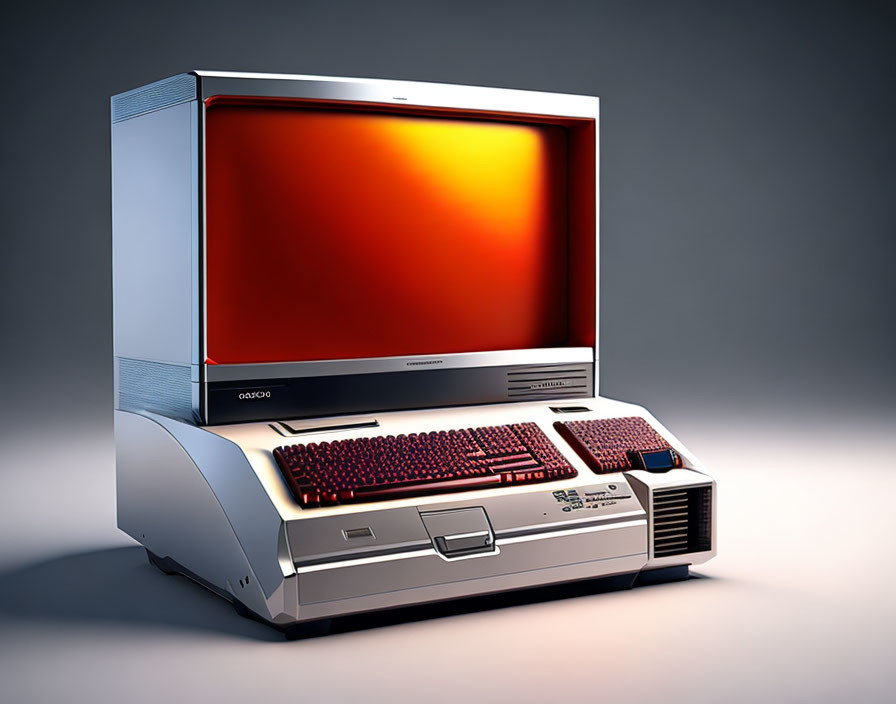 Vintage Personal Computer with Red Screen and Keyboard on Gray Gradient Background