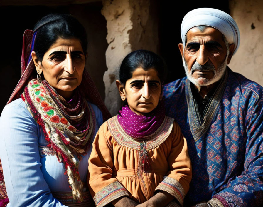 Family in traditional attire sitting with serious expressions