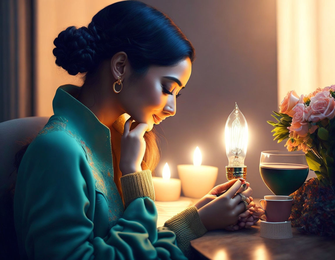 Woman in teal outfit sitting by table with candles and lamp, looking at lightbulb