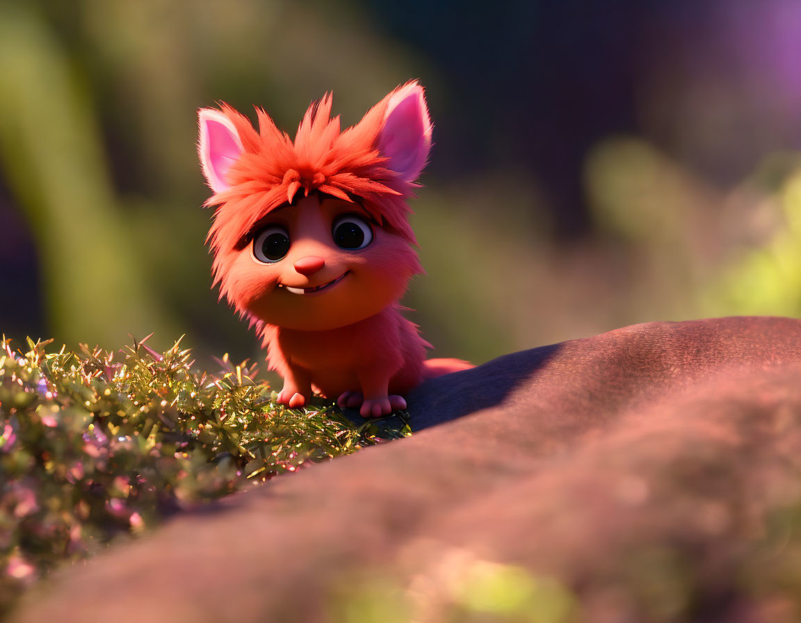 Fluffy orange creature with pink hair on rock in purple setting