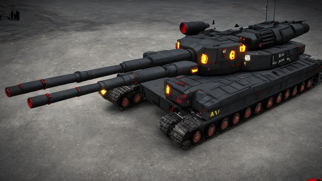 Futuristic black tank with multiple barrels and red illumination on grey ground