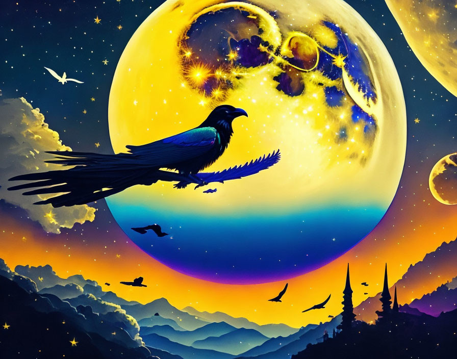 Surreal moon, cosmic patterns, birds, and mountains in vibrant sky