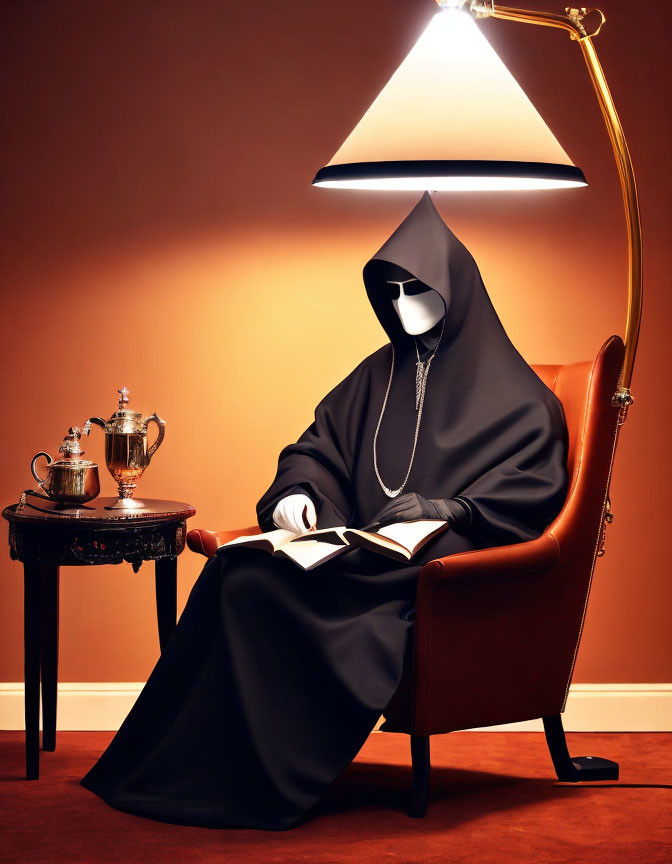 Person in black cloak reading book under lamp in red armchair with silver teapots