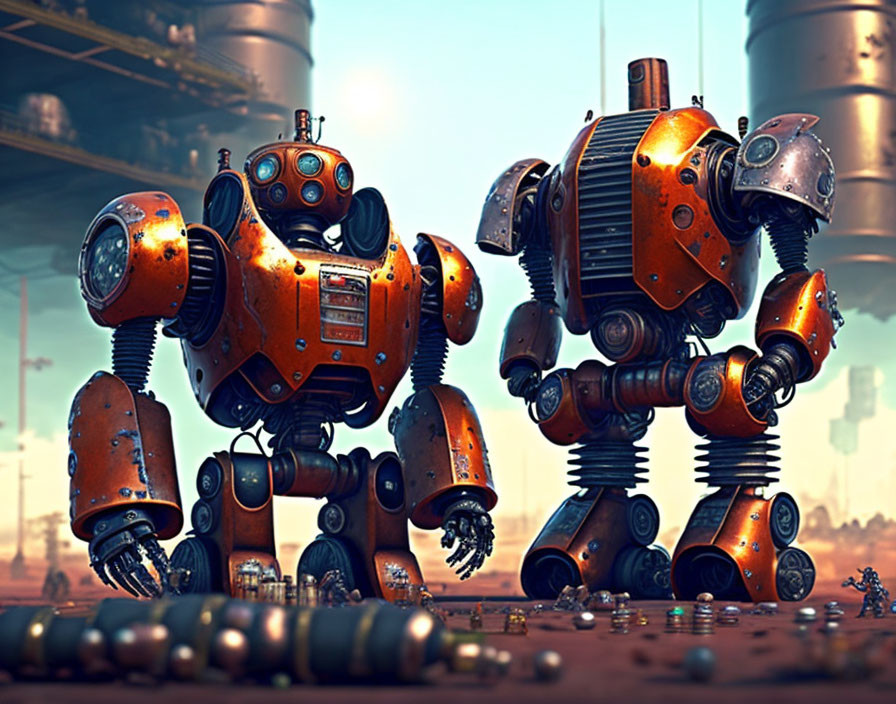 Orange retro-futuristic robots in industrial setting with mechanical details