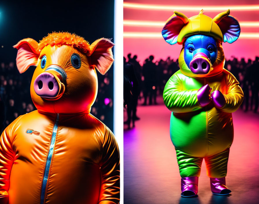 Two illuminated inflatable pig costumes in orange and multicolored against a dark audience background with neon lights.