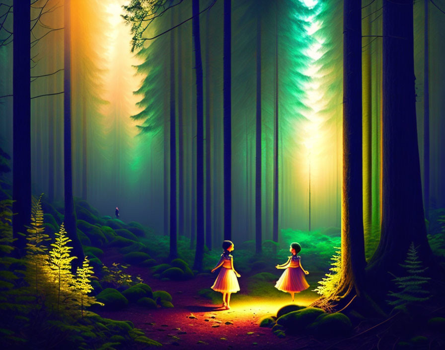 Children holding hands in magical forest with light beams