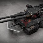 Futuristic black tank with multiple barrels and red illumination on grey ground