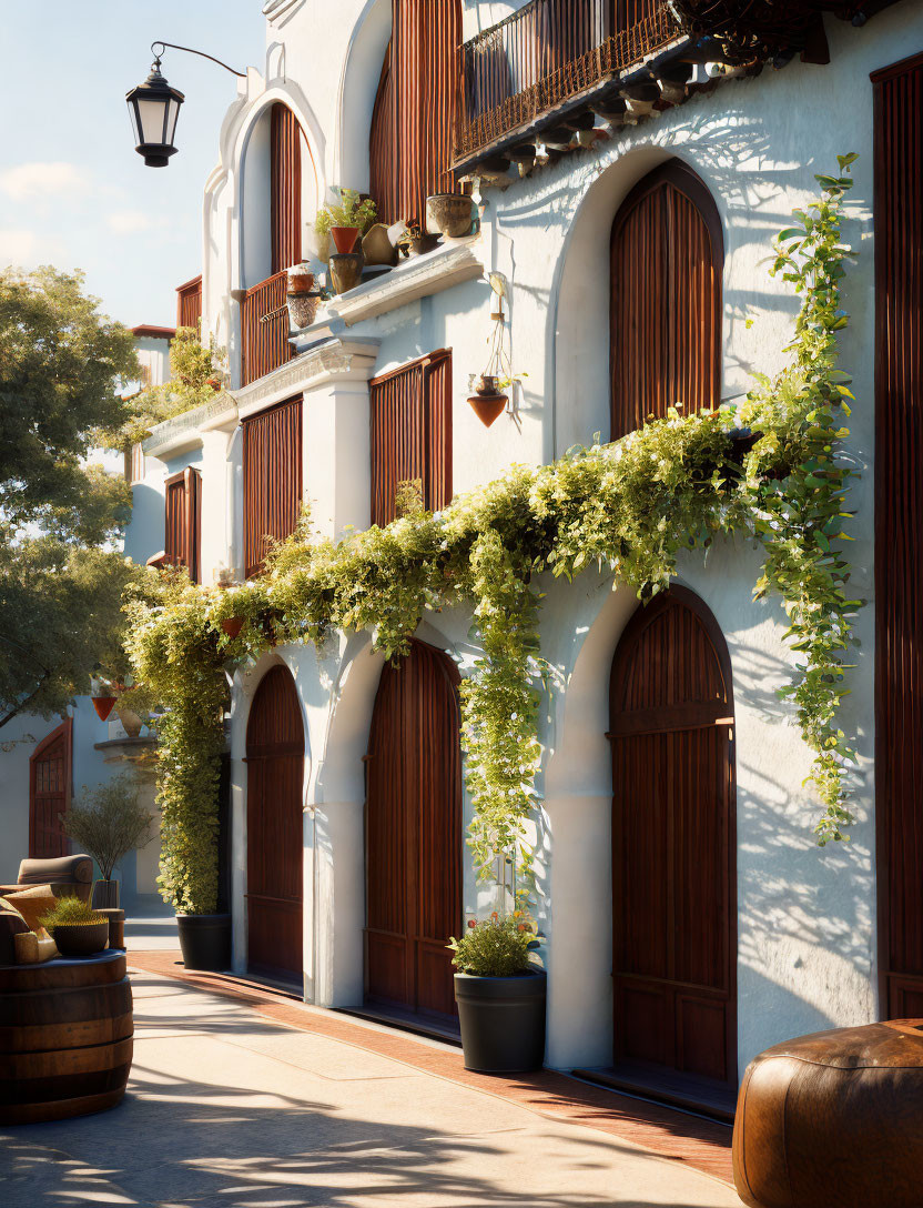 Classic Building with Wooden Doors, Balcony, Lanterns, and Greenery