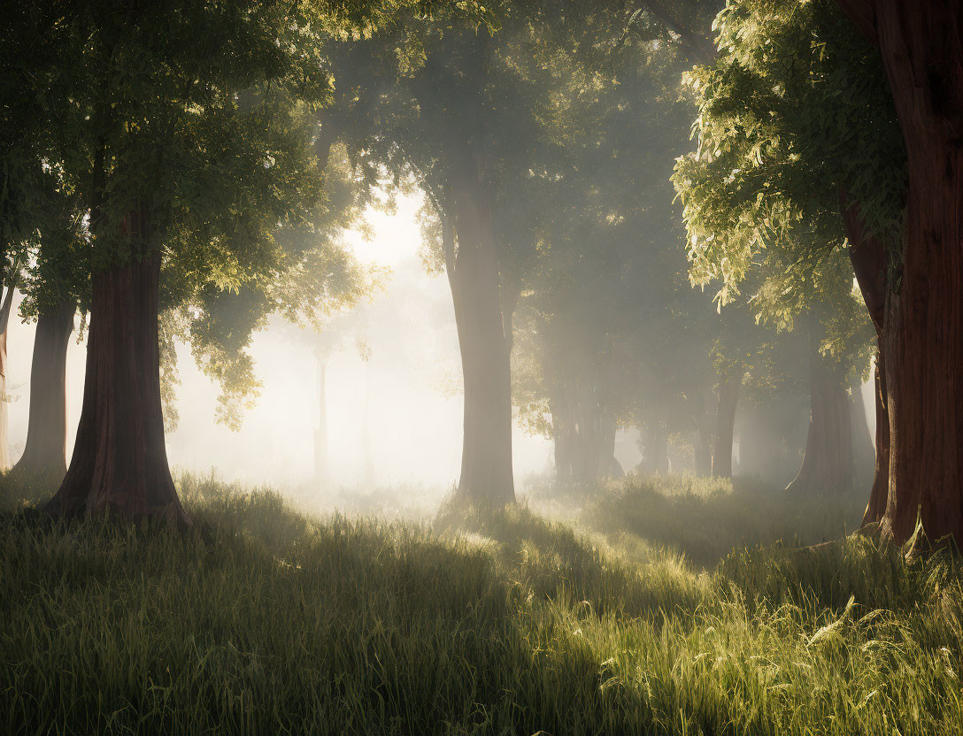 Tranquil forest landscape with sunbeams and mist among tall trees