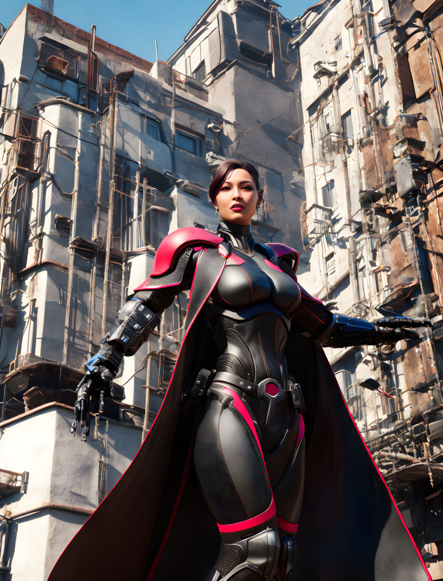 Confident woman in black and red armored suit with cape in urban setting