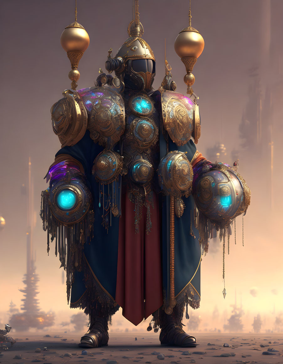 Majestic armored figure in golden armor under dusky sky