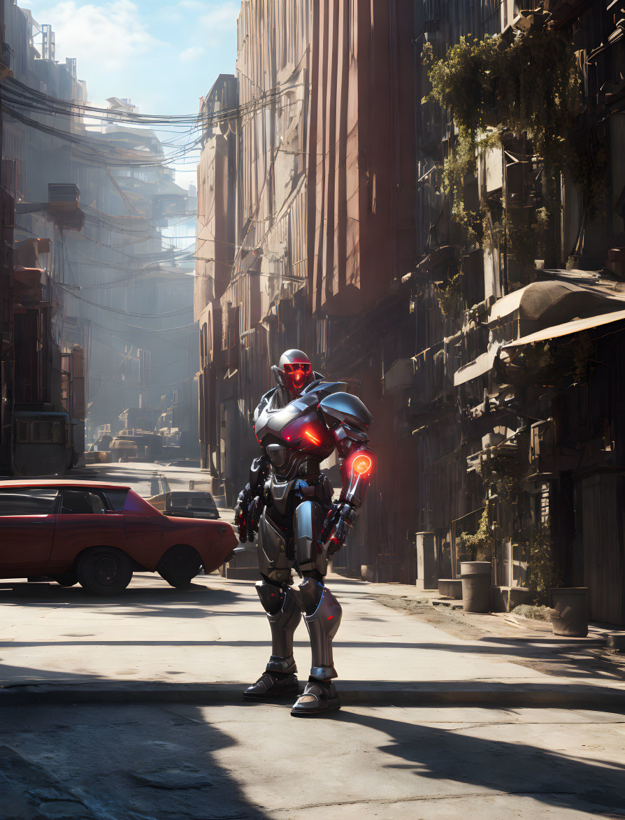 Futuristic robot with red accents in sunlit, deserted street