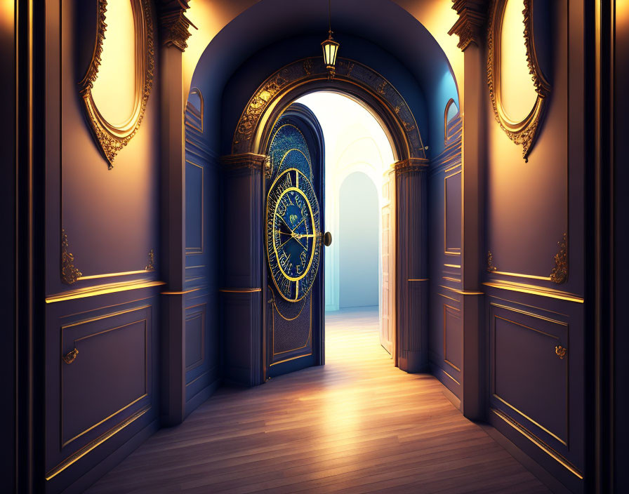 Elegant hallway with ornate blue and gold ajar door