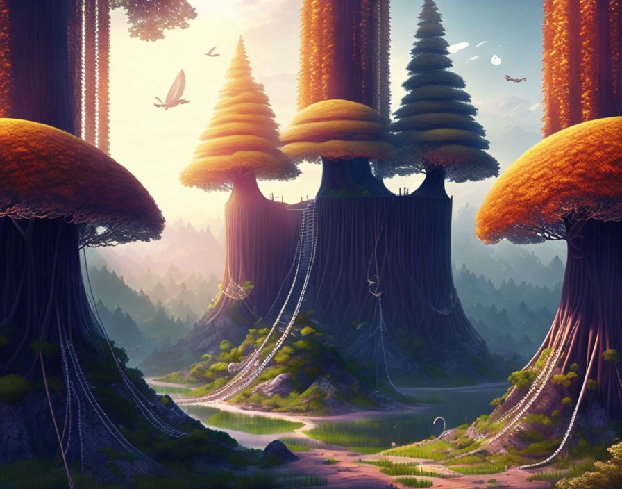 Dreamy golden-lit enchanted forest with oversized mushroom-like trees, hanging vines, winding river, and